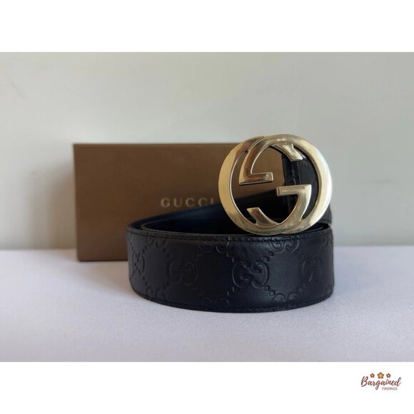 Authentic Gucci Black Guccissima Leather Gold Interlocking G Buckle Belt 75/30 - Picture 12 of 13